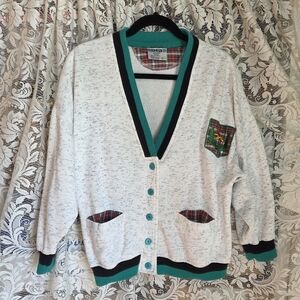 VINTAGE Deb White Speckled Sportsjacket/Cardigan with Green Trim & Plaid Pocket